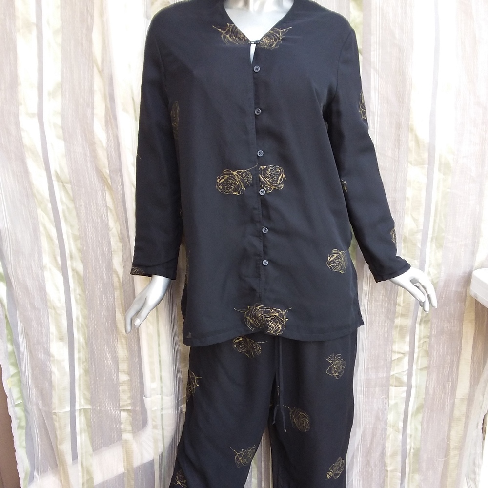BOGO 50% OFF  90's Large 2 Piece Set Pants Top Black Sheer Gold Floral Print